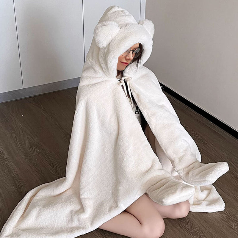 Bear Ear Soft Plush Wearable Hooded Throw Blanket Cape