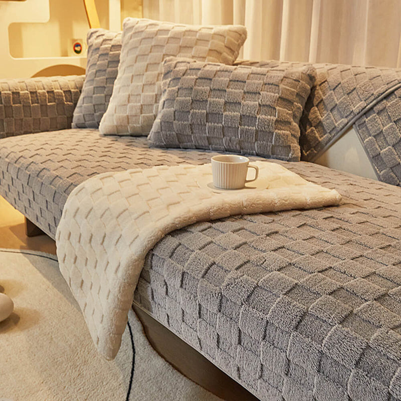 Soft Textured Grid Plush Anti-Slip Couch Cover