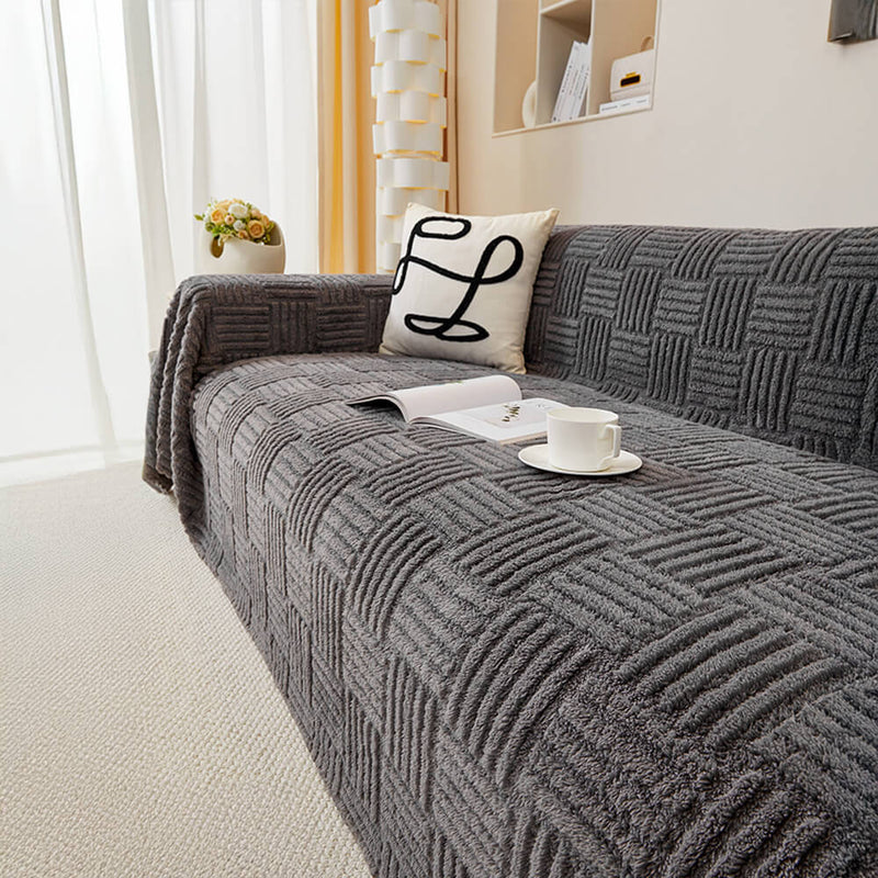 Irregular Checkerboard Striped Puff Velvet Couch Cover