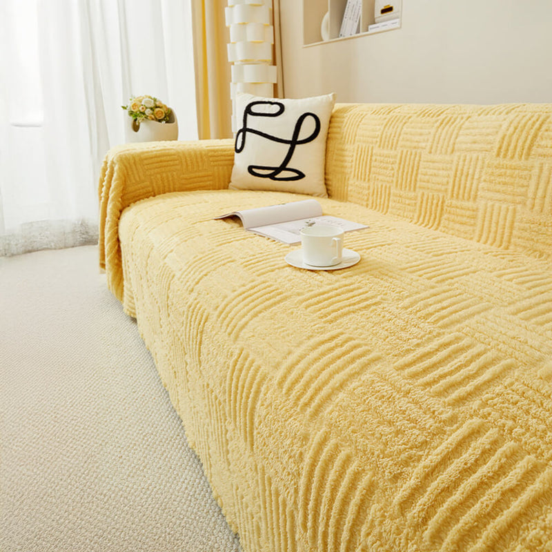 Irregular Checkerboard Striped Puff Velvet Couch Cover