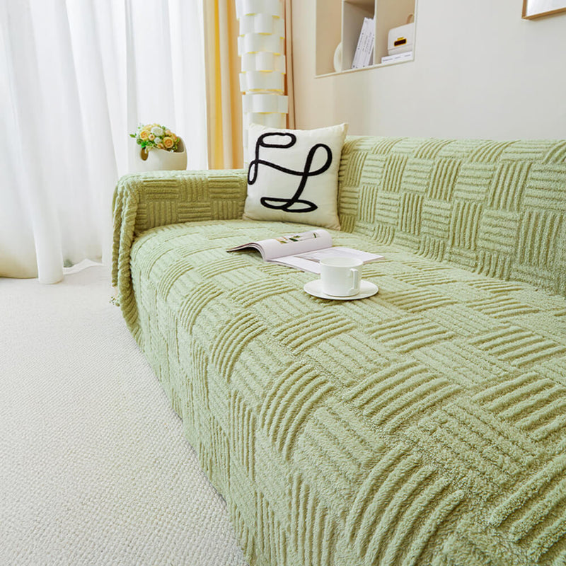 Irregular Checkerboard Striped Puff Velvet Couch Cover