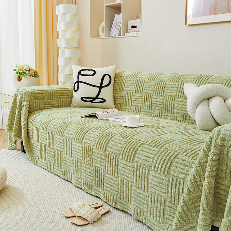 Irregular Checkerboard Striped Puff Velvet Couch Cover