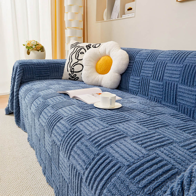 Irregular Checkerboard Striped Puff Velvet Couch Cover