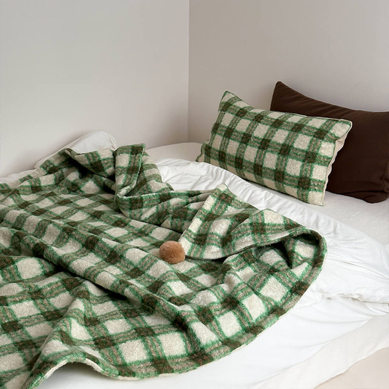 Refined Plaid Faux Lambswool Pom-Pom Home Throw Blanket