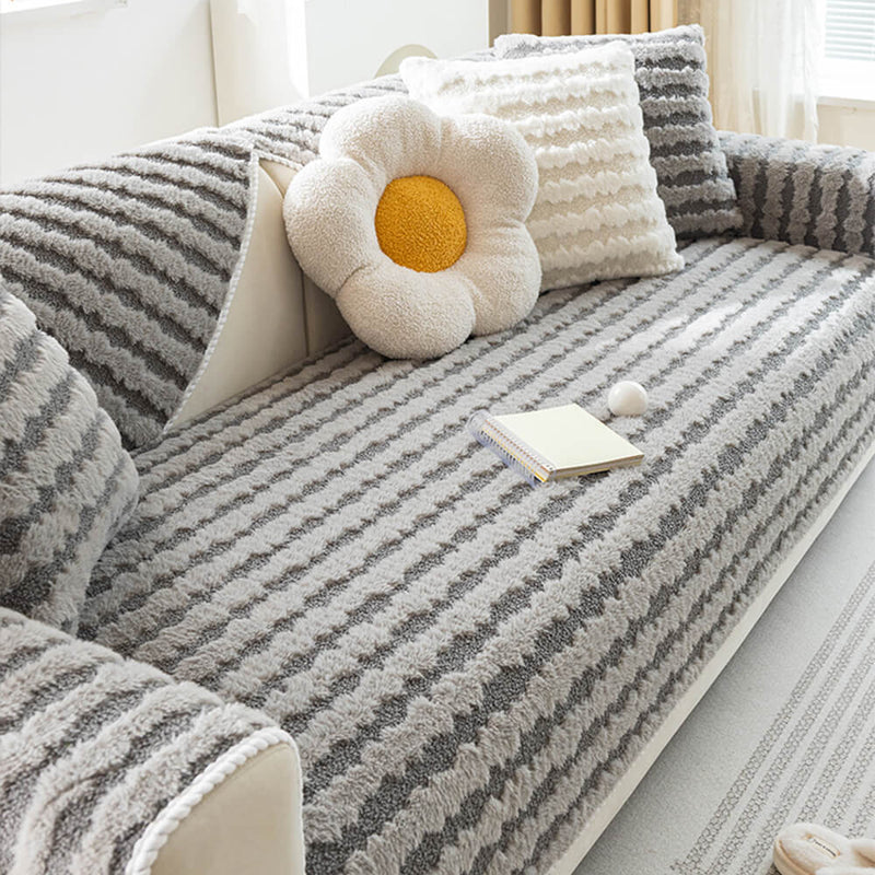 Textured Rabbit Plush Thick Warm Non-Slip Couch Cover