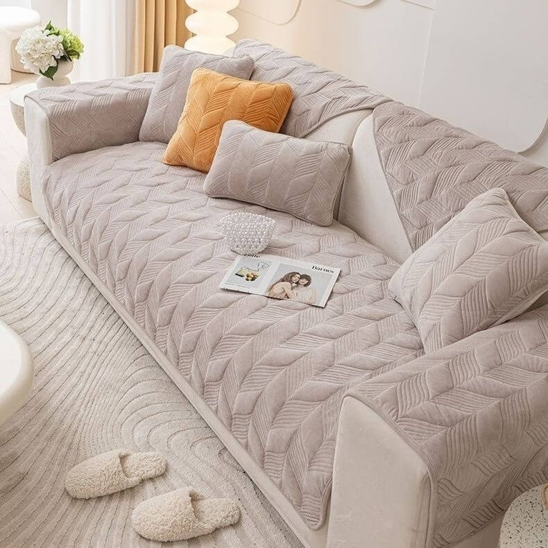 Suede Plush Elegant Pattern Sofa Protective Non-Slip Couch Cover